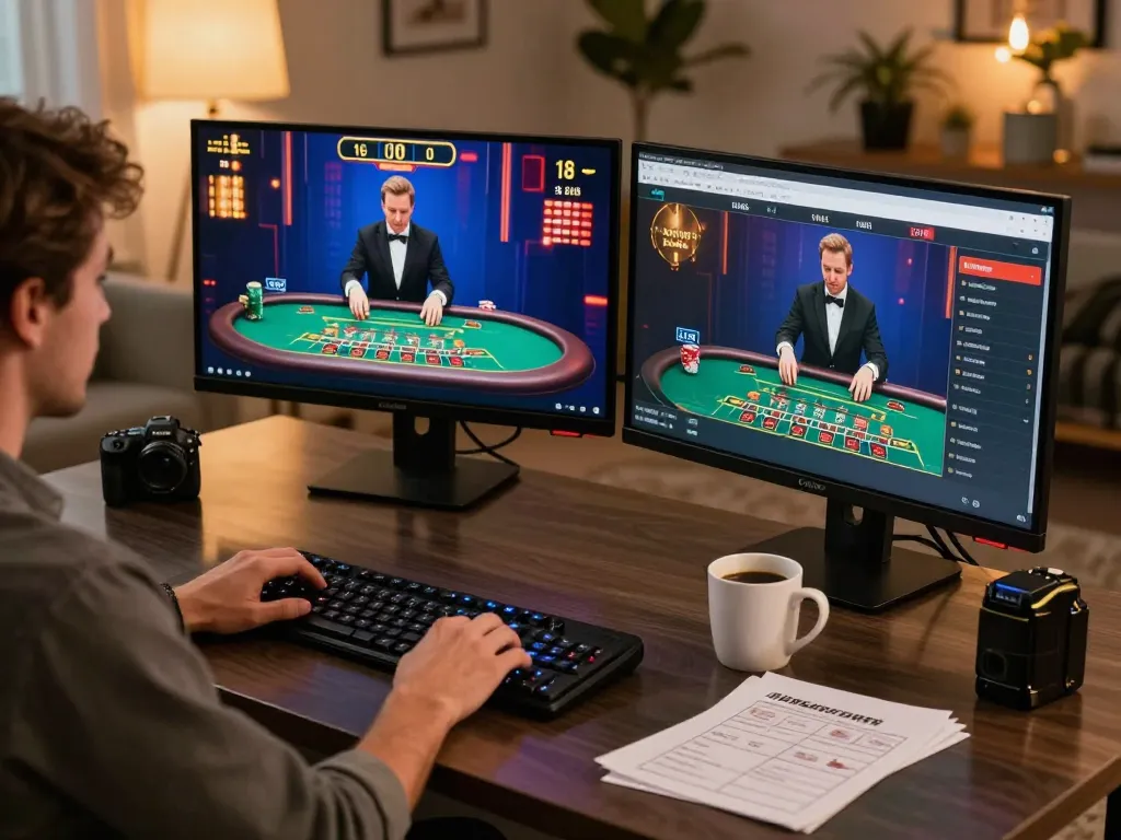 Person engaged in fly888 live blackjack gaming on dual monitors, with ambient lighting creating a cozy atmosphere.
