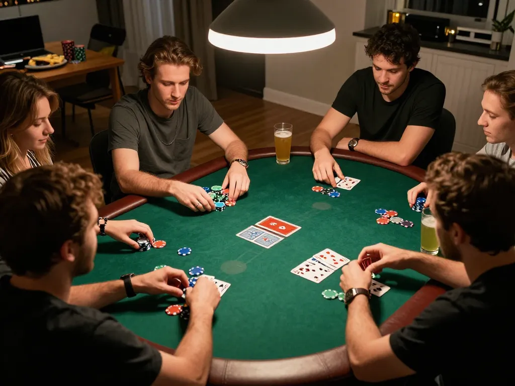 Friends playing poker at home around a green felt table, showcasing Fly88 nhà cái excitement in a friendly atmosphere