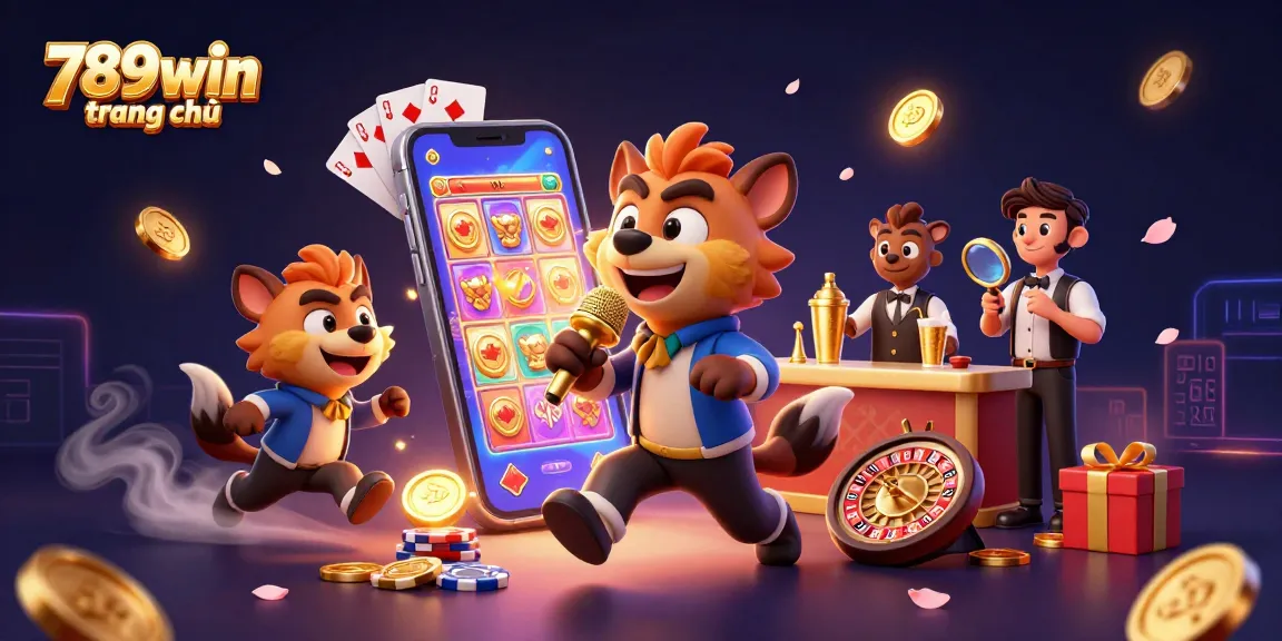 Engage with 789win trang chủ in a lively casino scene with hyenas, slots, and vibrant game elements.