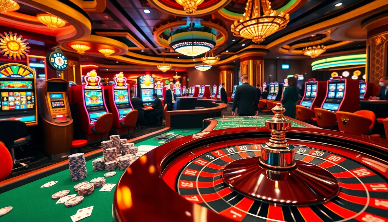 Exciting gambling action at https://nohu90vn2.com/ featuring elegant casino tables and vibrant slot machines.