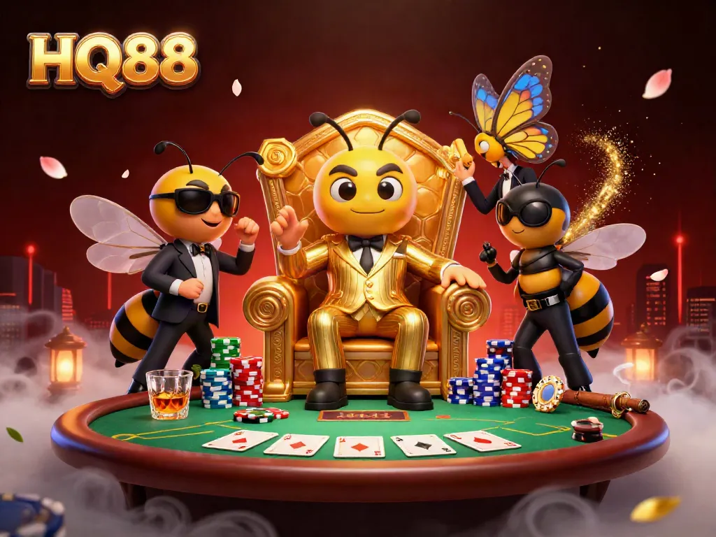 Experience the excitement of HQ88 with a vibrant casino scene featuring a bumblebee mob boss and poker action.
