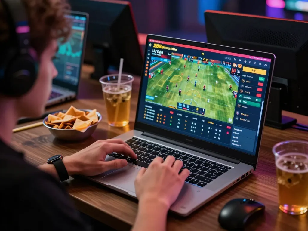 Engaged player using 28Bet for live sports betting, showcasing responsible gaming atmosphere.
