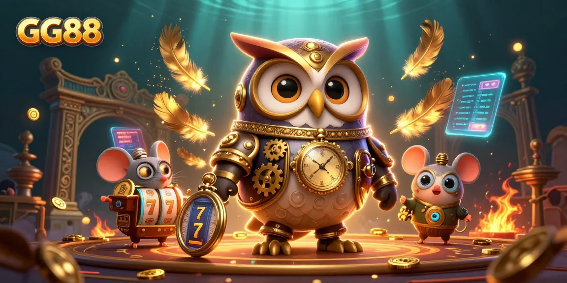 Engage with GG88's thrilling jackpot slots gameplay featuring a steampunk owl and a mouse companion.