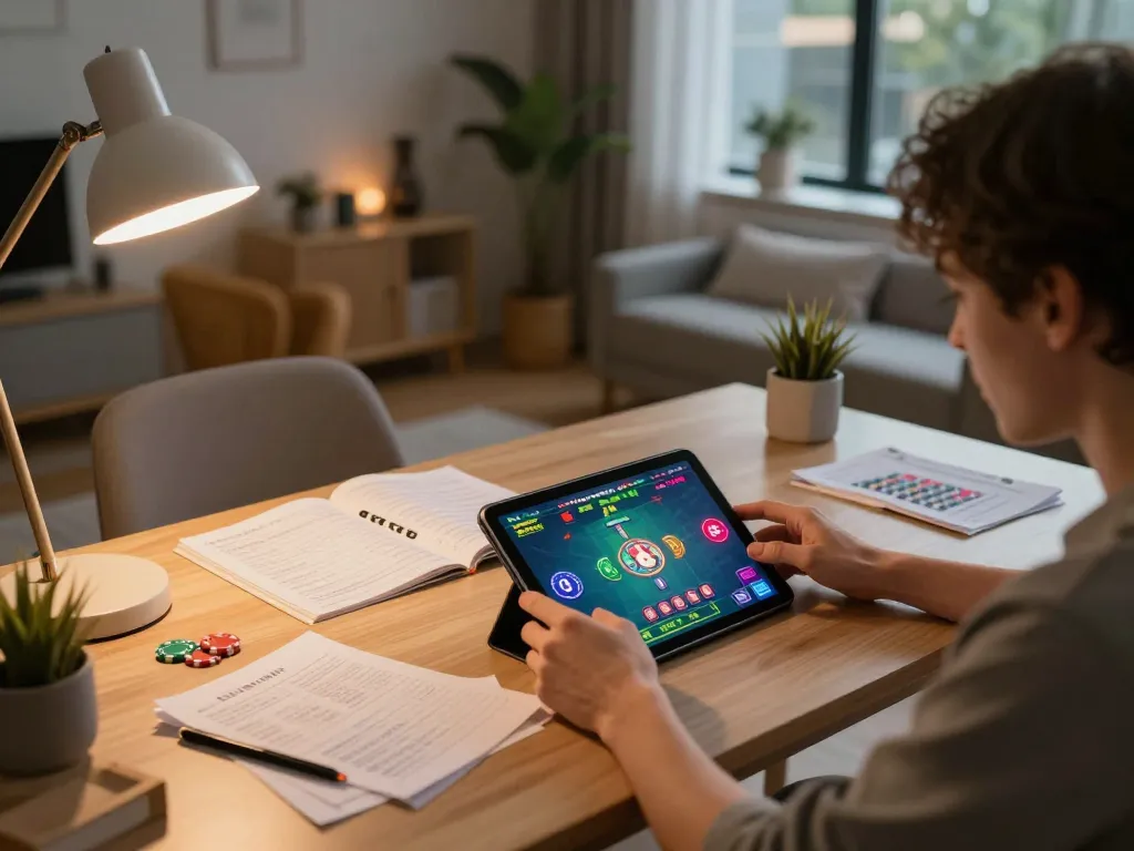 Tài xỉu online gaming experience captured at a stylish home desk with strategic notes.