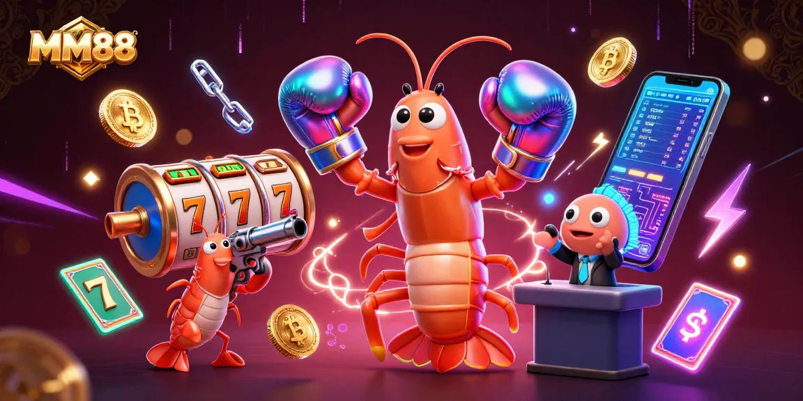 Win big at MM88 with vibrant visuals of a mantis shrimp and crypto coins in a casino setting.