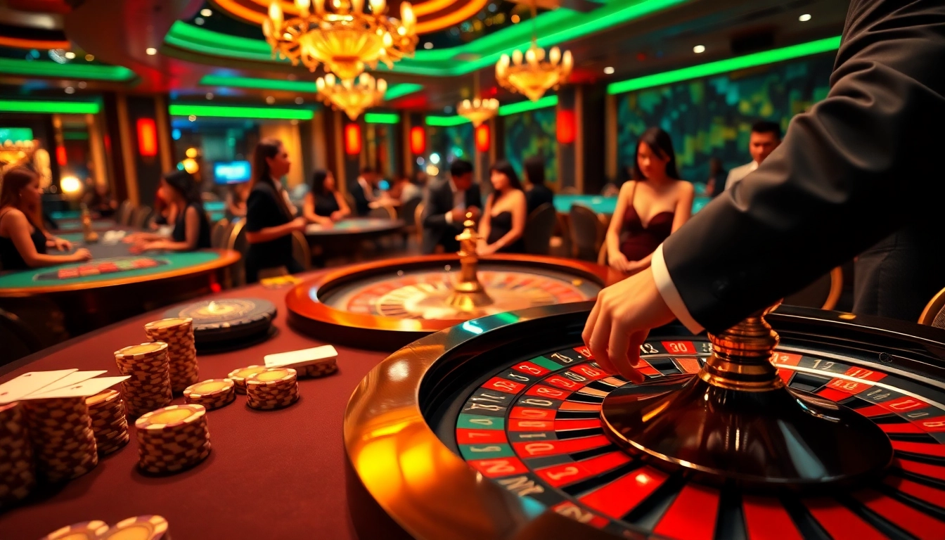 Winning bets at https://tr88.autos/ with a vibrant casino atmosphere featuring poker and roulette.