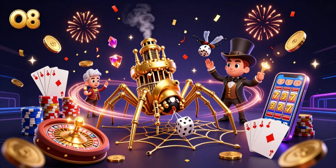 Interactive O8 casino scene showcasing a steampunk spider catching dice amidst golden coins and poker chips.