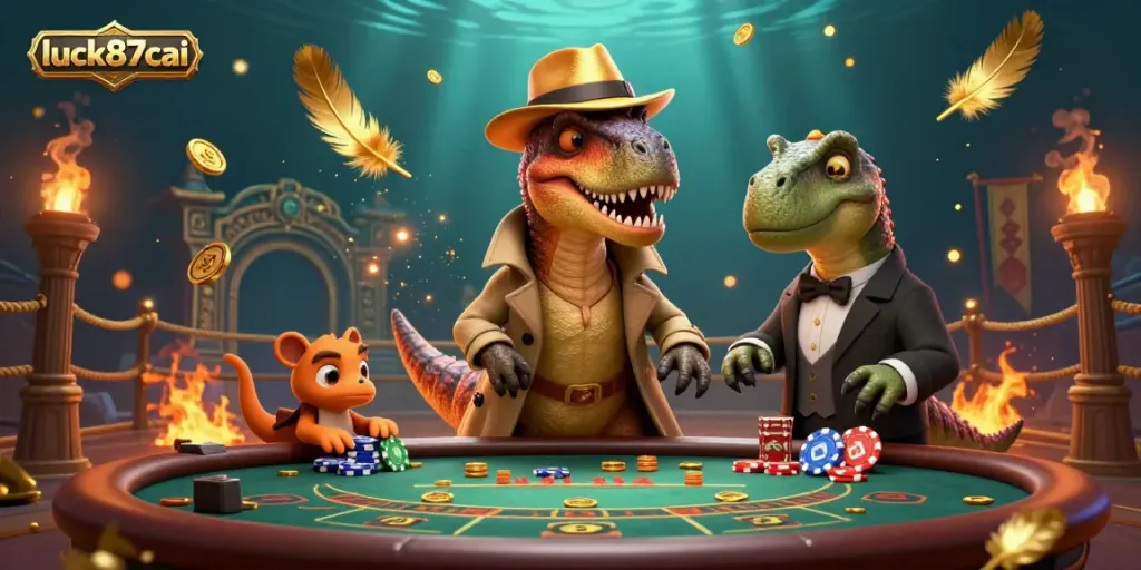 Engage with luck87cai at a captivating blackjack table scene featuring cartoon dinosaurs involved in gambling.