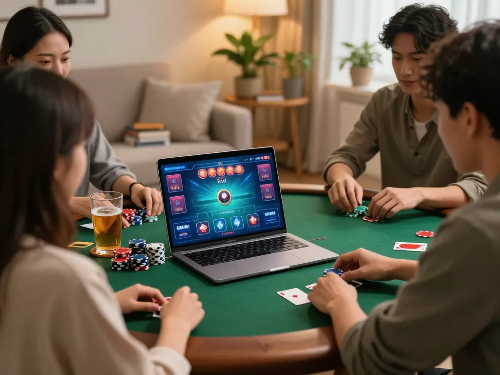 Players analyzing their hands on 3Win.com in a lively home poker night setting with drinks and snacks.