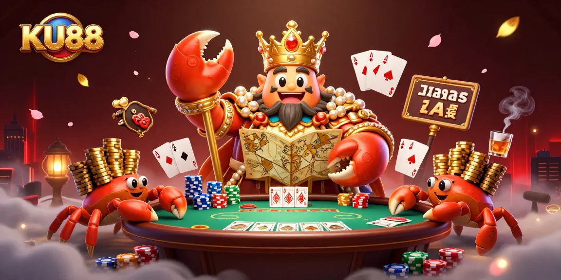 Engage in thrilling play at KU88 with a golden crab emperor overseeing poker chaos.