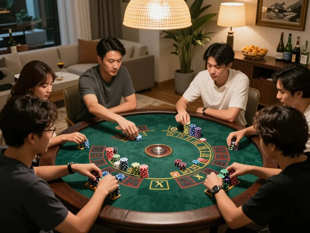 Xóc đĩa being played with friends around a beautifully set table, capturing the lively spirit of the game.
