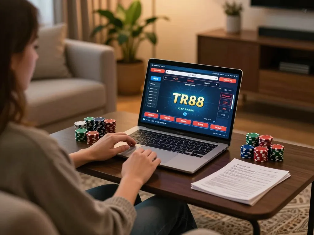Engaging in TR88 online poker game on a laptop in a cozy home setup.