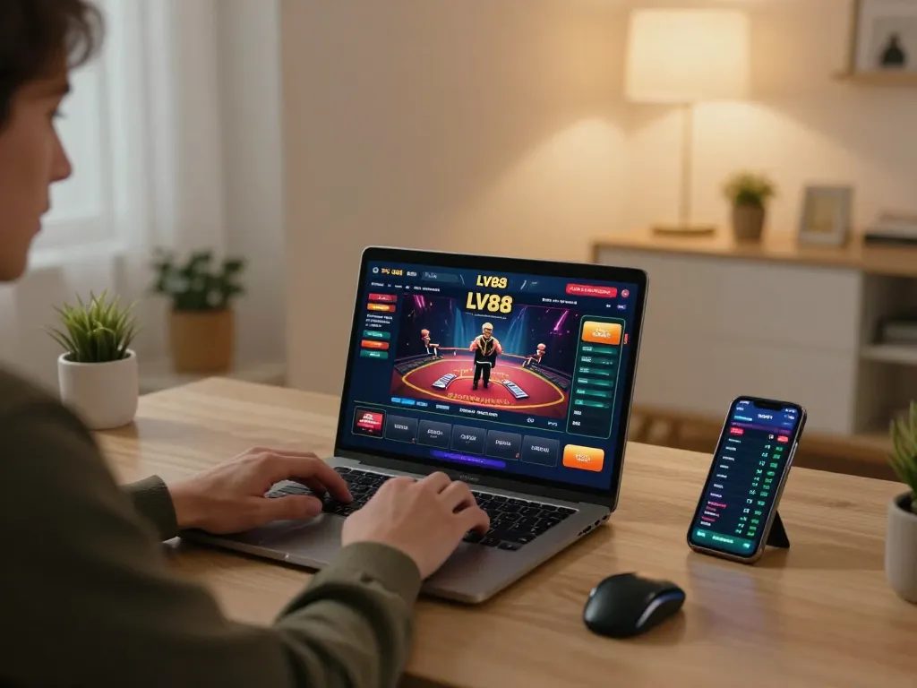 Experience dynamic gameplay with LV88 on a stylish home setup, featuring a gamer using a laptop and smartphone to bet.