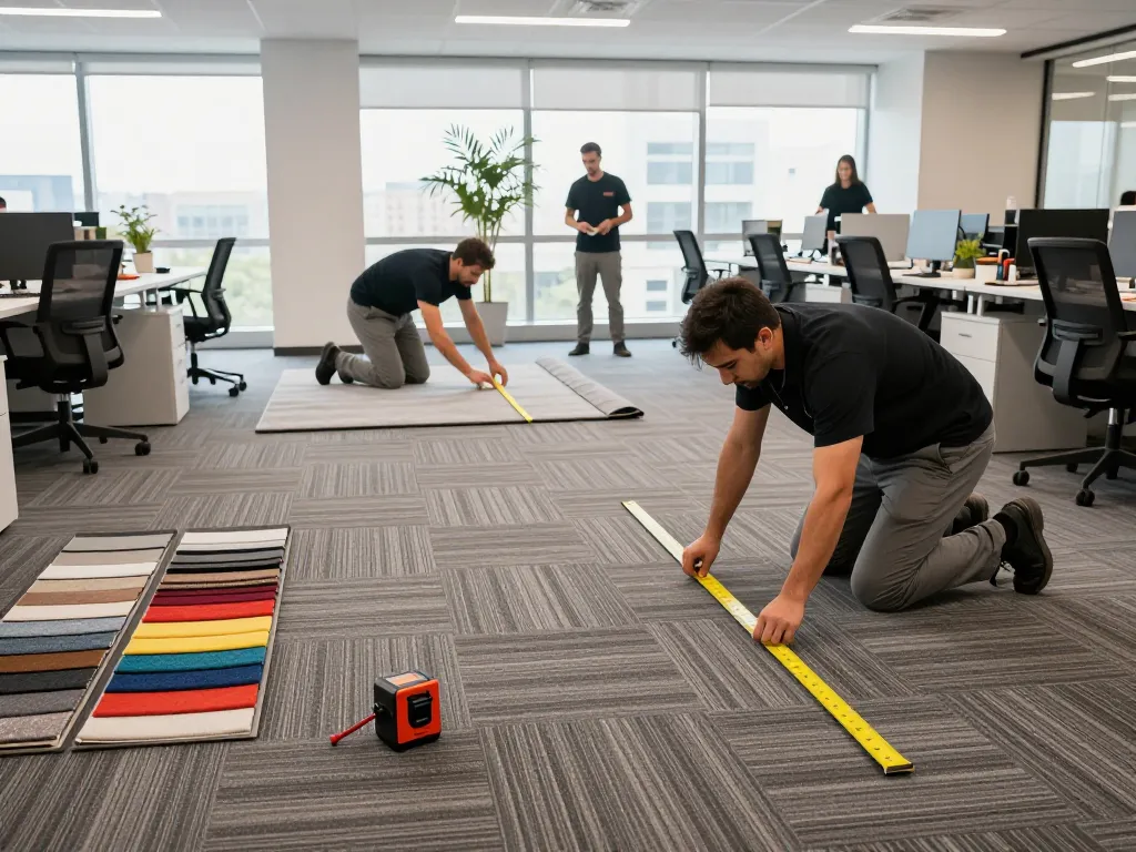 Professional team engaging in commercial carpet installation, showcasing quality materials and modern office design.