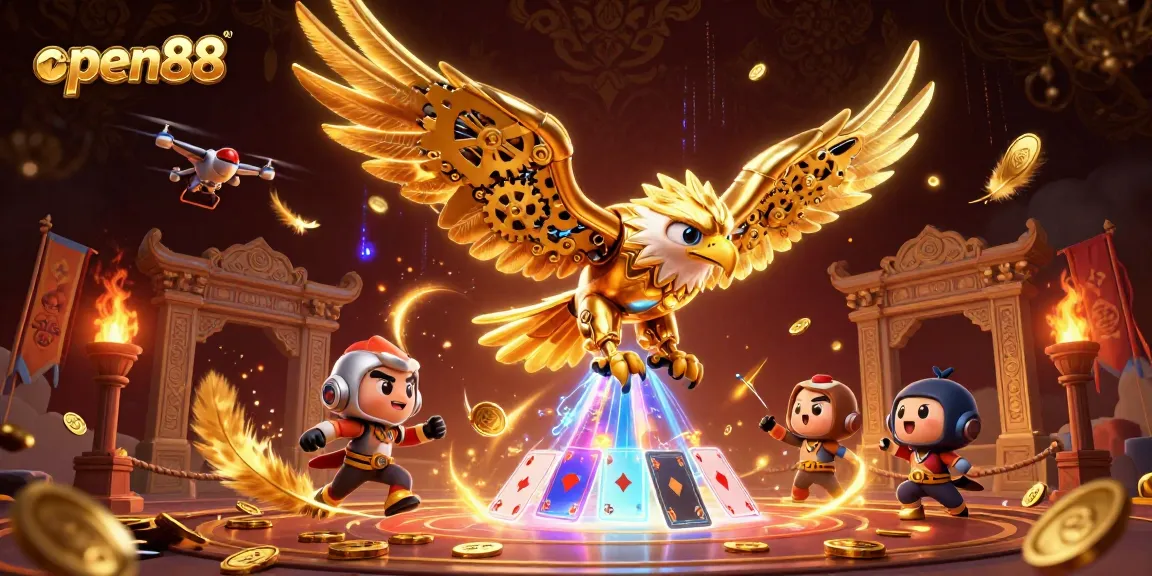 Experience thrilling action at open88 with a cybernetic eagle amidst golden game elements