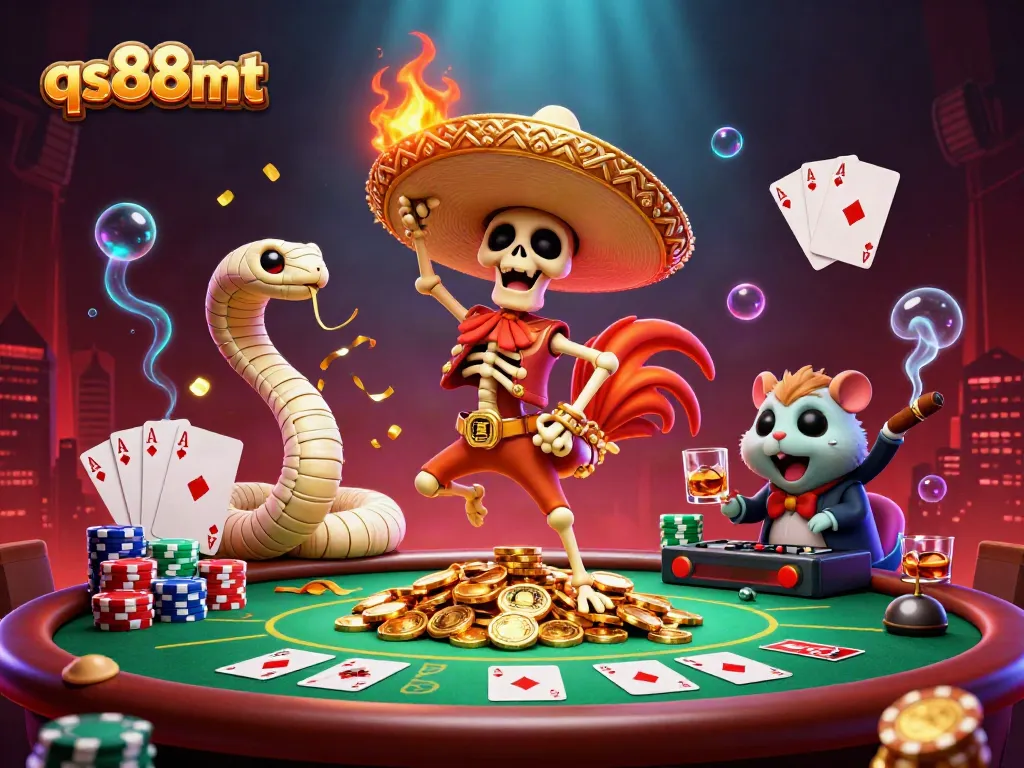Engaging scene showing qs88mt's animated characters celebrating with poker chips and vibrant casino elements.