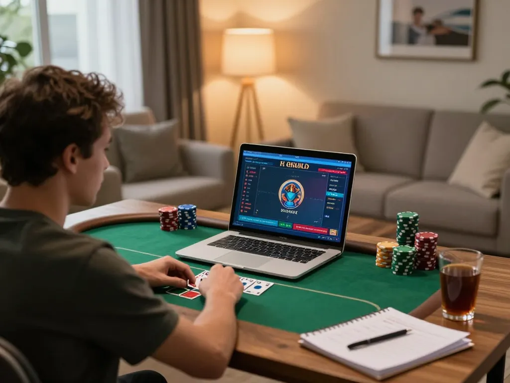 GG88 player engaged in strategic online poker at a stylish home workspace
