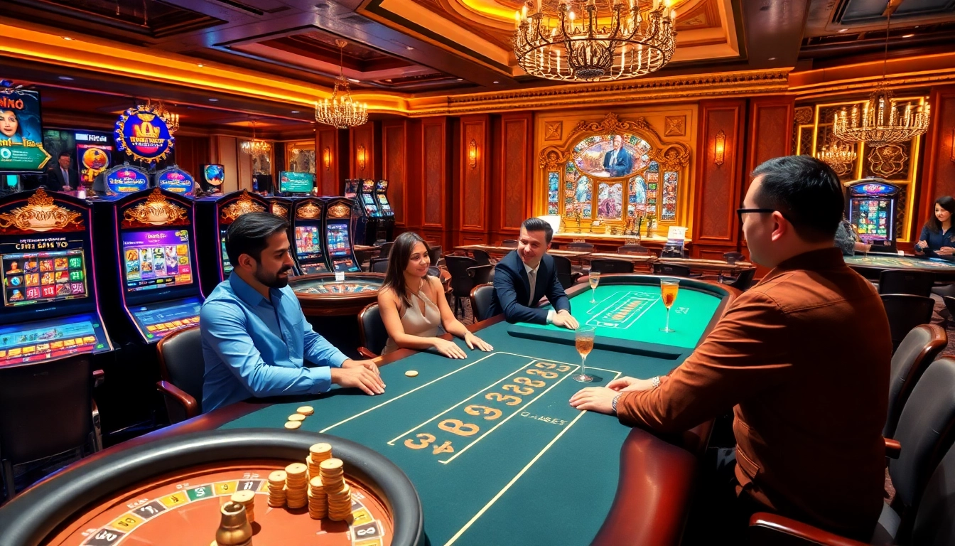 Players enjoying a thrilling casino experience at THABET with vibrant slot machines and Baccarat tables.