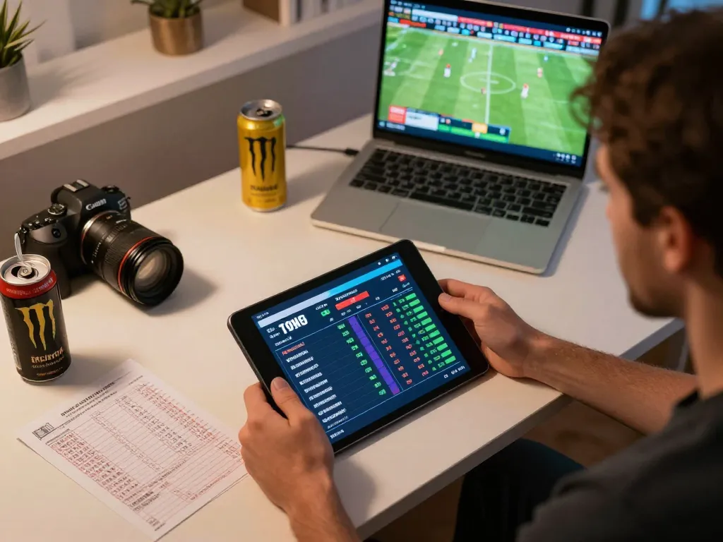 Engaging sports betting scene featuring okking app on tablet with live odds.