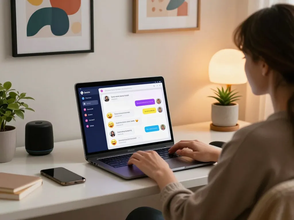 Engaging AI sex chat scene with a cozy digital workspace setup featuring chat interactions and vibrant emojis.