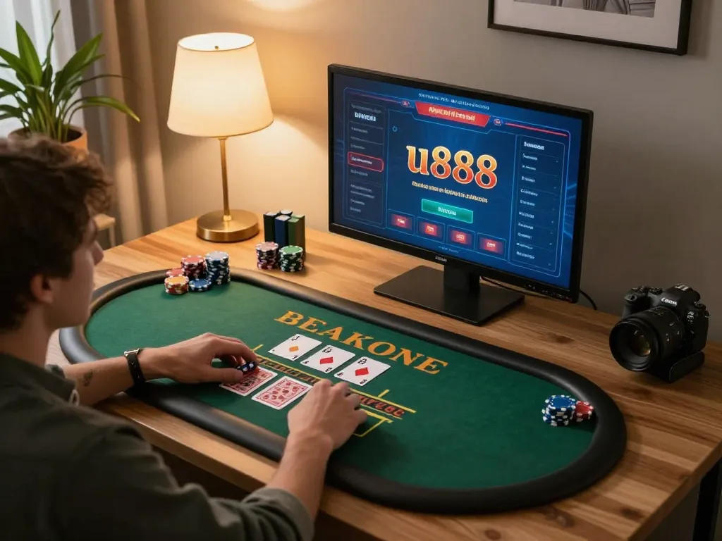 Player enjoying blackjack on u888's online casino platform, showcasing strategic gameplay