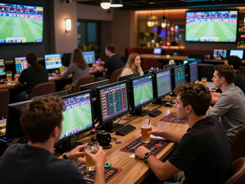 Engaged bettors analyzing odds at a vibrant sports betting lounge showcasing stepballl excitement.