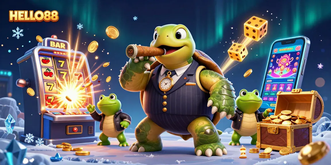 HELLO88 delights players with a vibrant casino-themed illustration showcasing a snapping turtle in a suit and dynamic gaming elements.