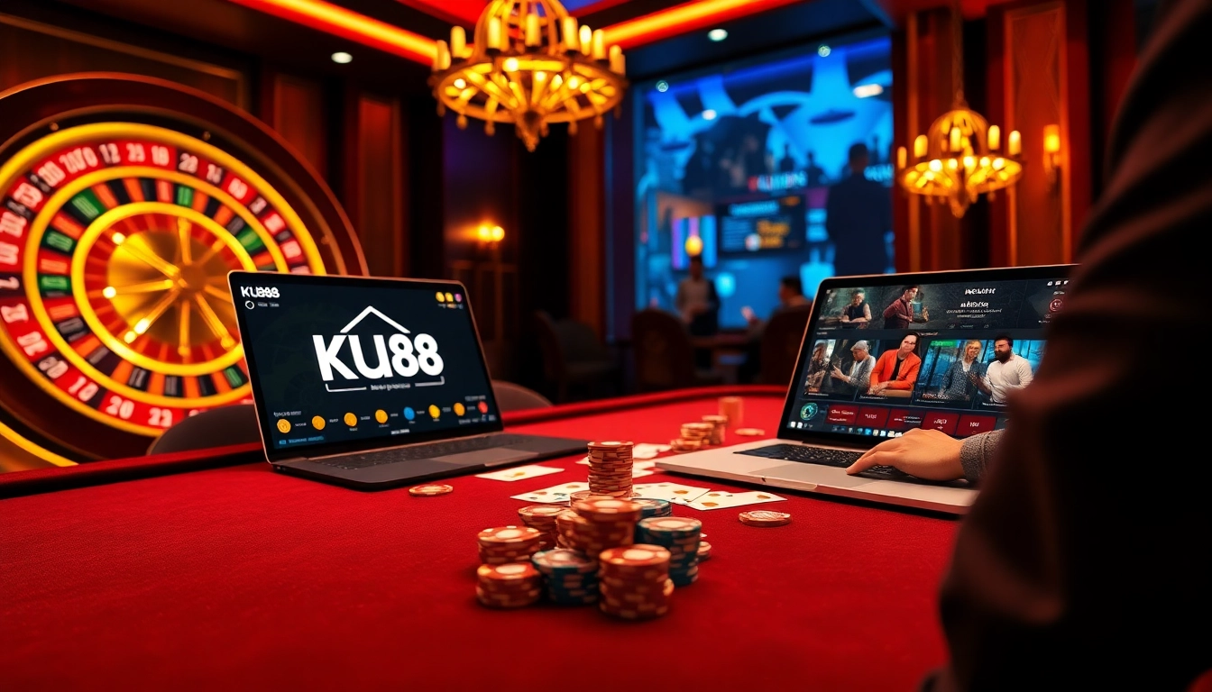 Players engaging in poker and casino games at KU88, showcasing excitement and luxury.