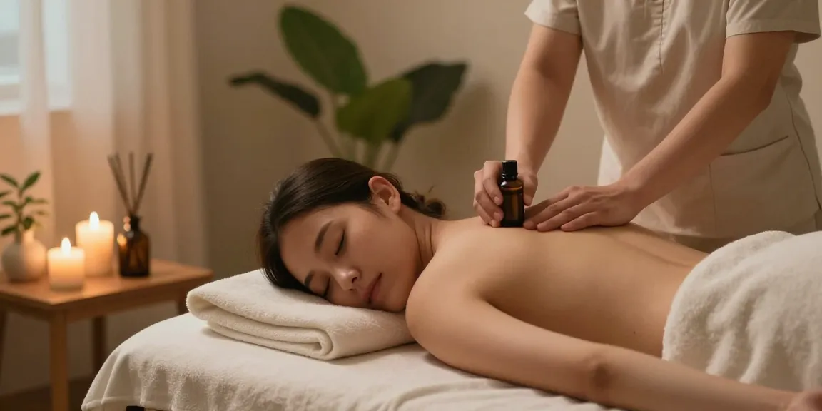 Relaxing 광진구출장안마 session in soothing home environment with essential oils and warm lighting.