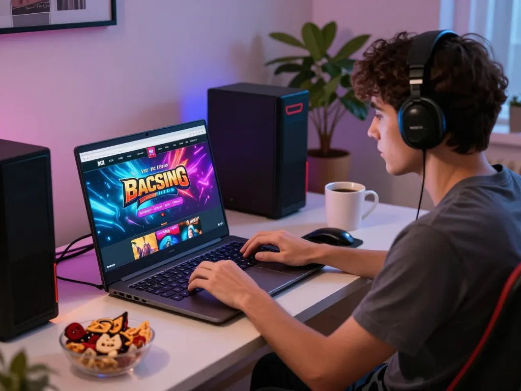 Engaging in strategic online gambling at bl555 with a laptop setup in a cozy home atmosphere.