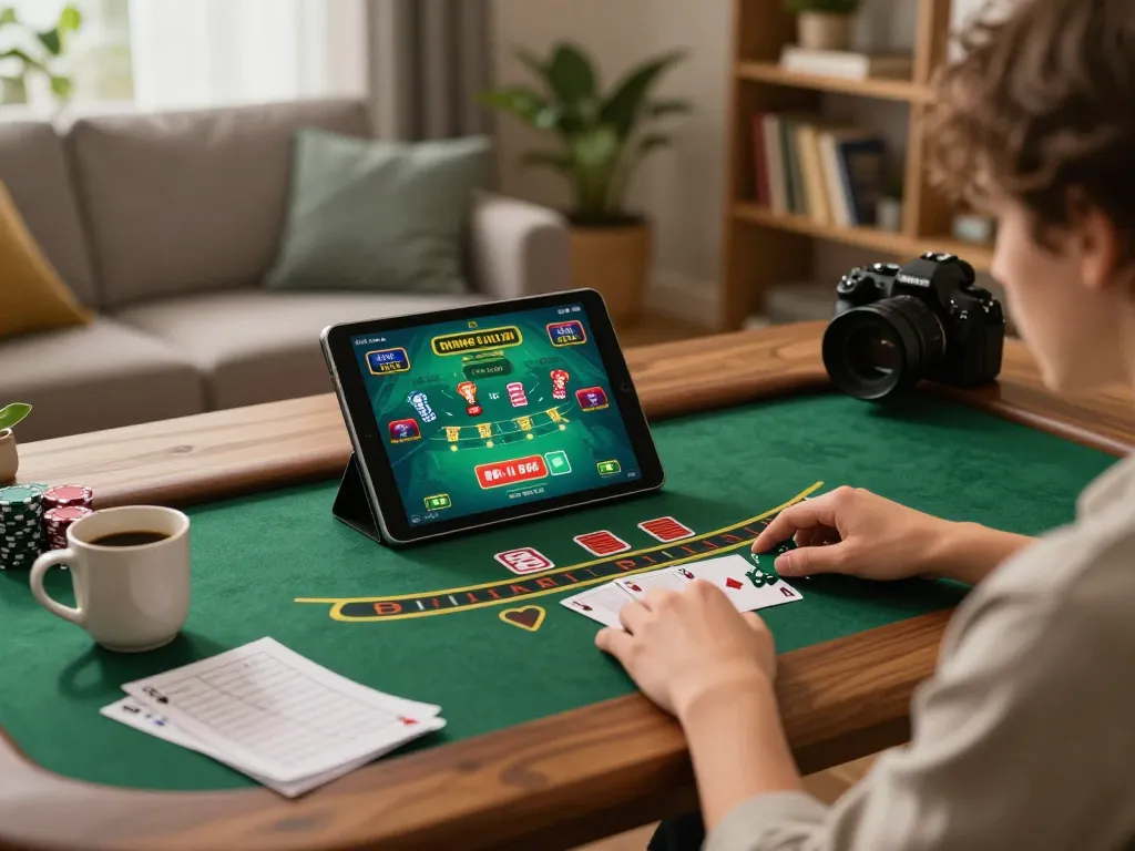 Engaging in blackjack gameplay on fly88com biz with a tablet in a cozy home environment