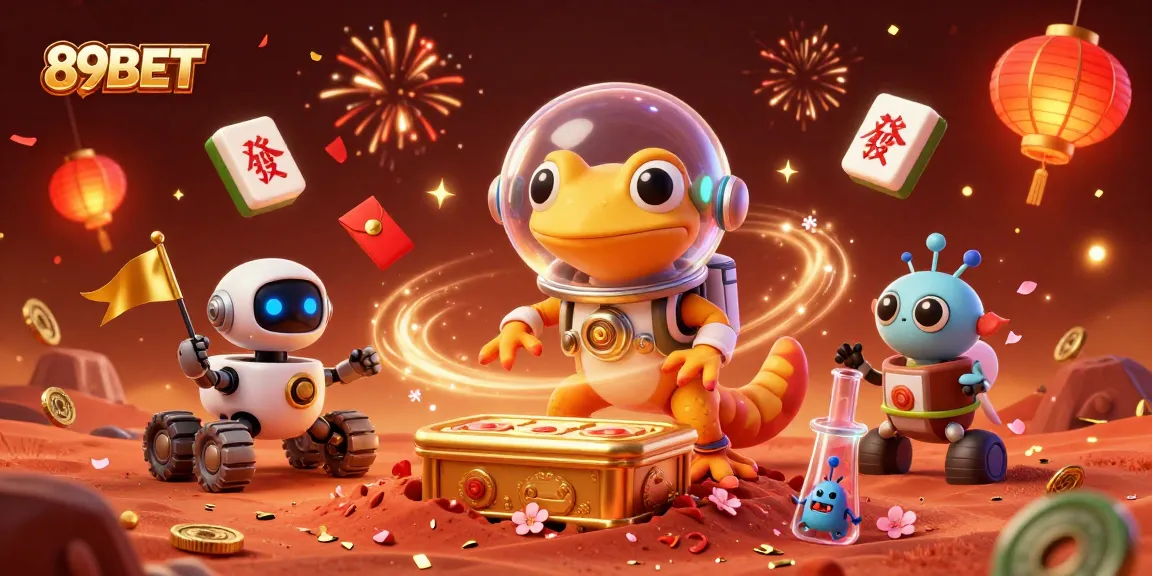 Engage with 89BET in a dynamic scene of a Martian gecko discovering a golden casino.