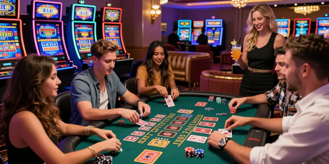 Exciting moment at casinos that accept credit cards during a blackjack game with friends, showcasing vibrant gaming atmosphere.