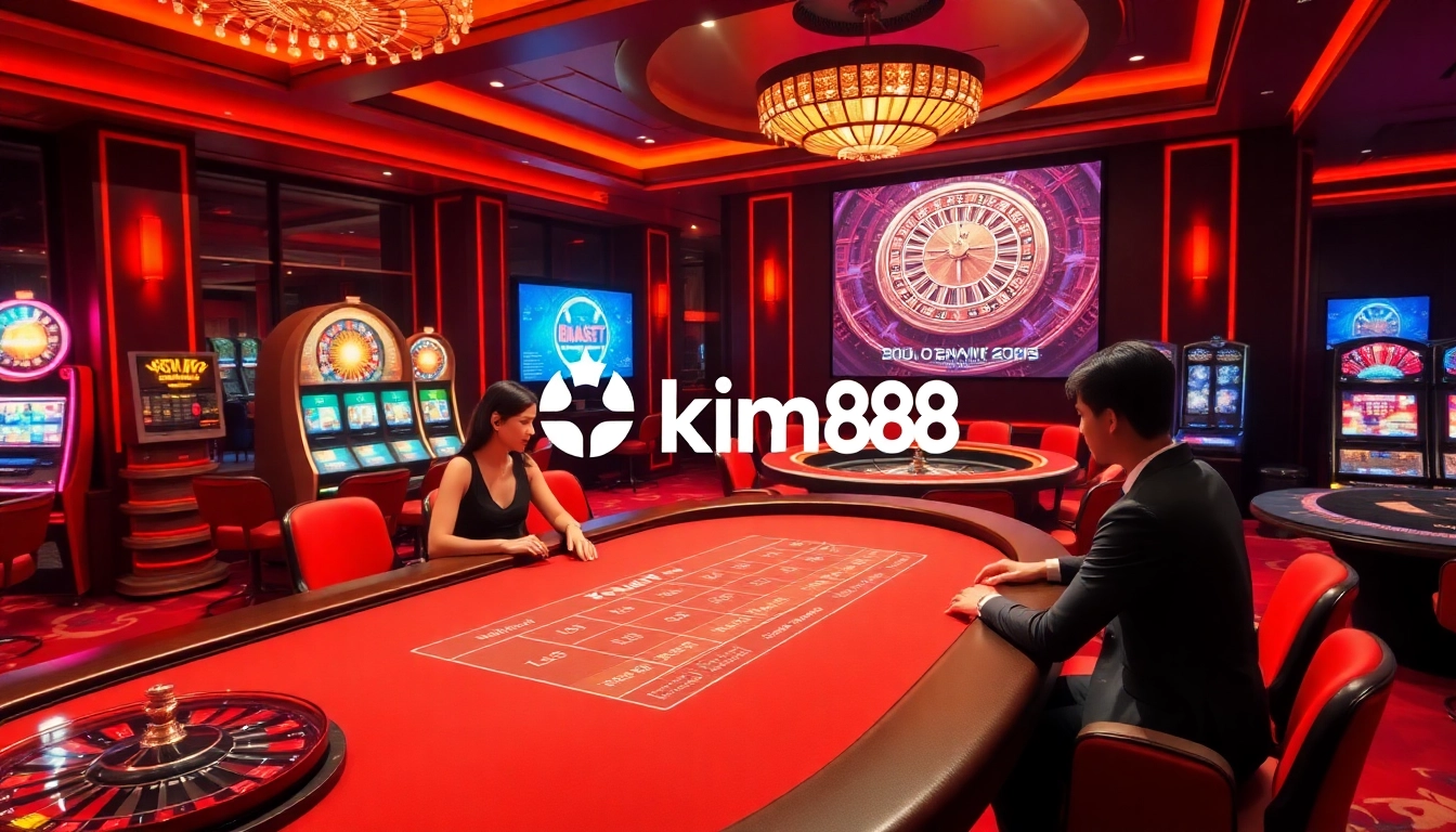 A dynamic casino environment showcasing nhà cái kim88 players enjoying baccarat and slot machines.