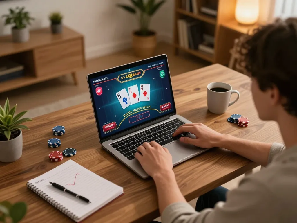 Man88 online blackjack session showing laptop screen with cards, chips, and strategy notes.