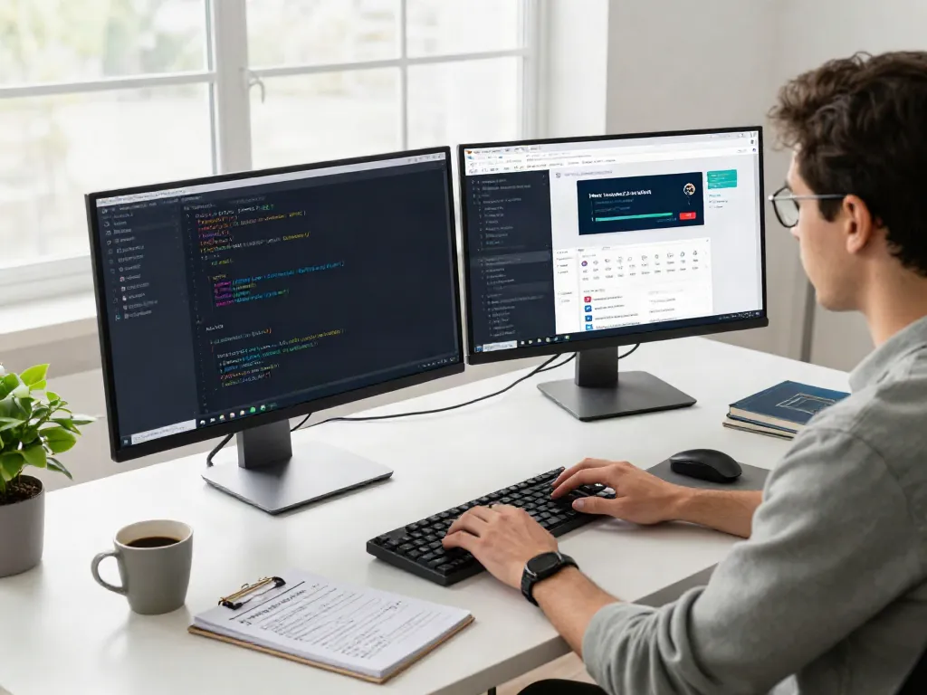 Developer implementing instant indexing solution in a bright tech workspace