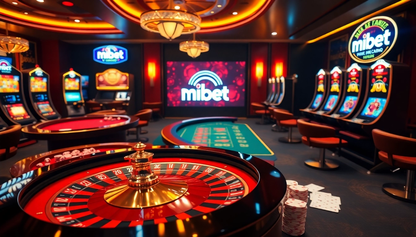 Mibet casino scene featuring elegant tables and vibrant slot machines, enhancing the gambling experience.