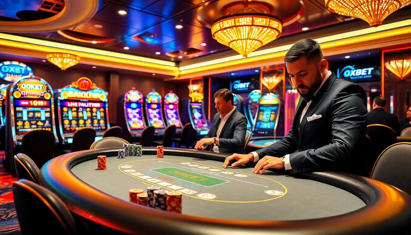 Experience high-stakes gameplay at OXBET's luxurious casino tables with vibrant poker chips.