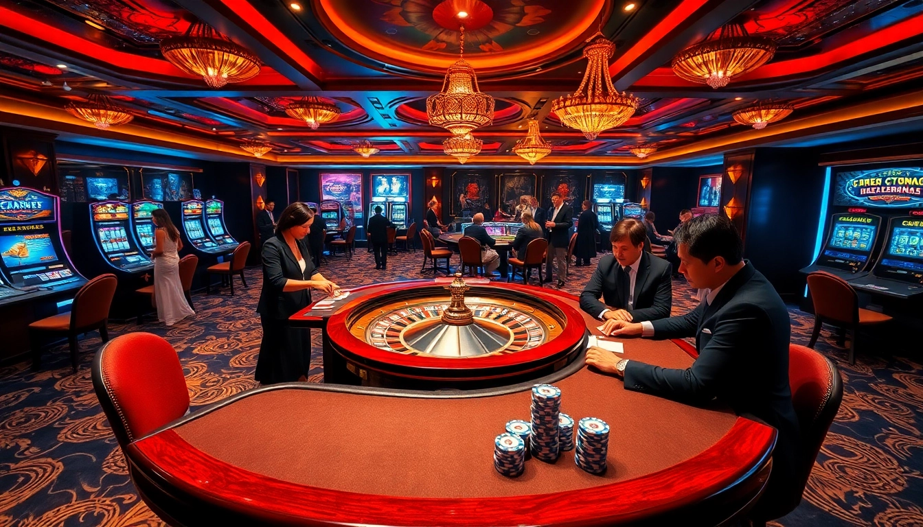 Experience the thrill of 8kbet at a luxury casino filled with roulette wheels and energetic players.
