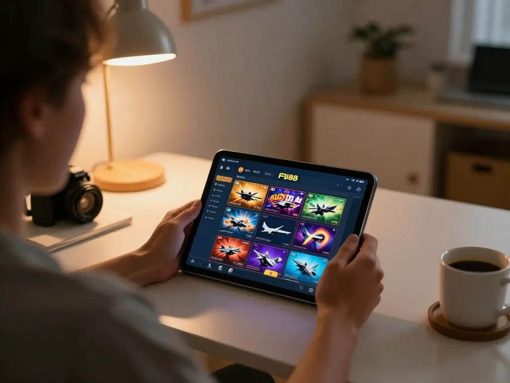 Engaging user playing on F168 casino app on tablet, showcasing responsible gaming.