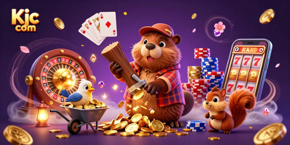 Experience the thrill at Kjc com with a beaver and friends collecting golden coins in a vibrant casino scene.