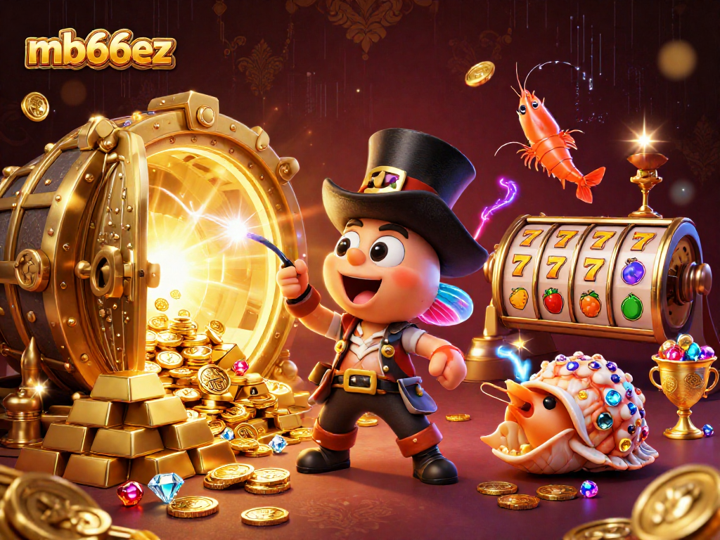 Experience thrilling wins with mb66ez at this lively cartoon casino scene featuring magical treasures.
