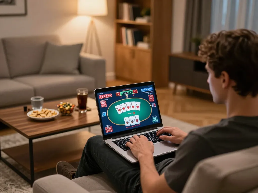 Fun79 INK gaming session on a laptop, poker interface displayed with strategic bets.
