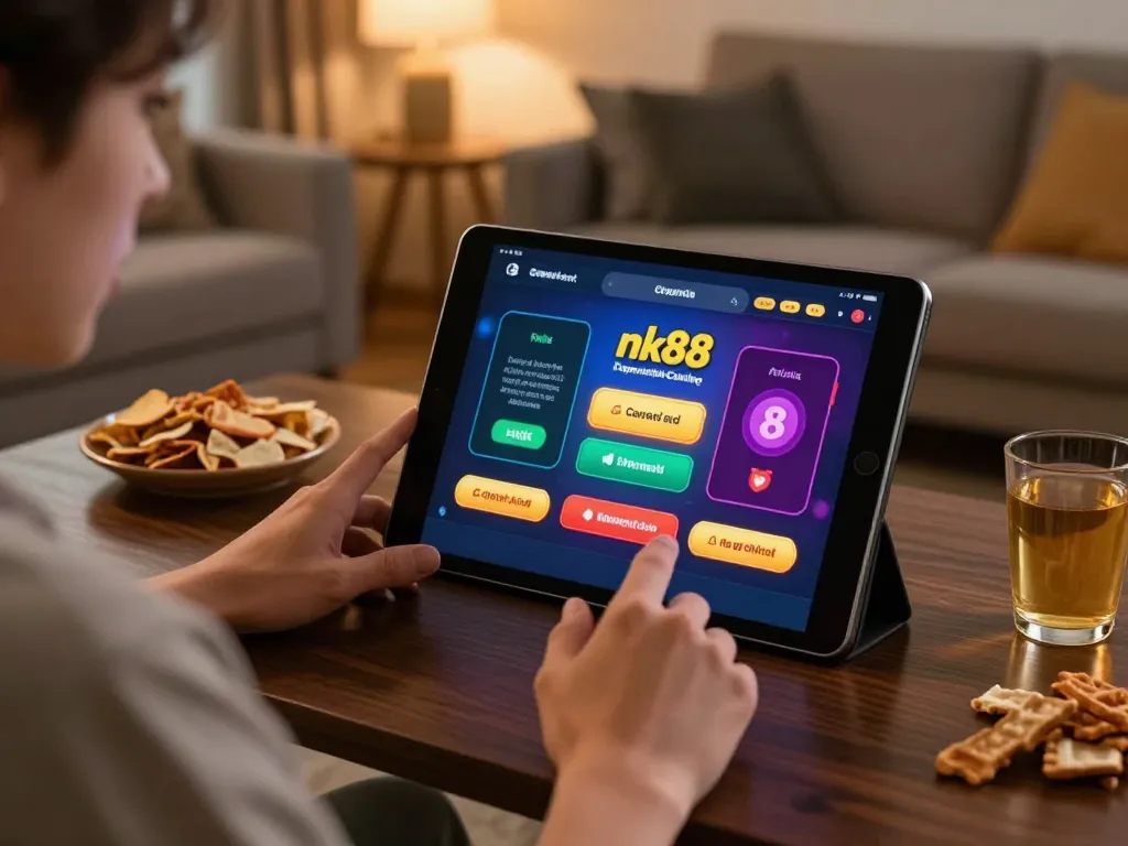 Engaging with the nk88 casino app in a cozy home setting for strategic online gaming.