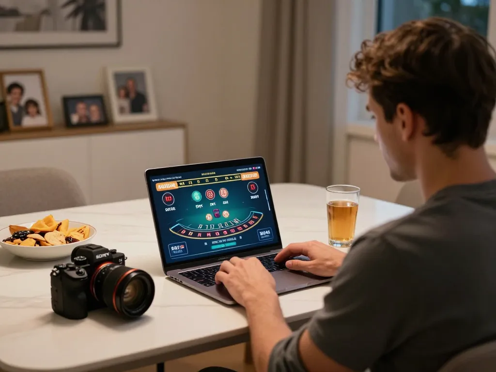 Player engaged in online casino gameplay on ck444s.net from a cozy home, showcasing live dealer action.