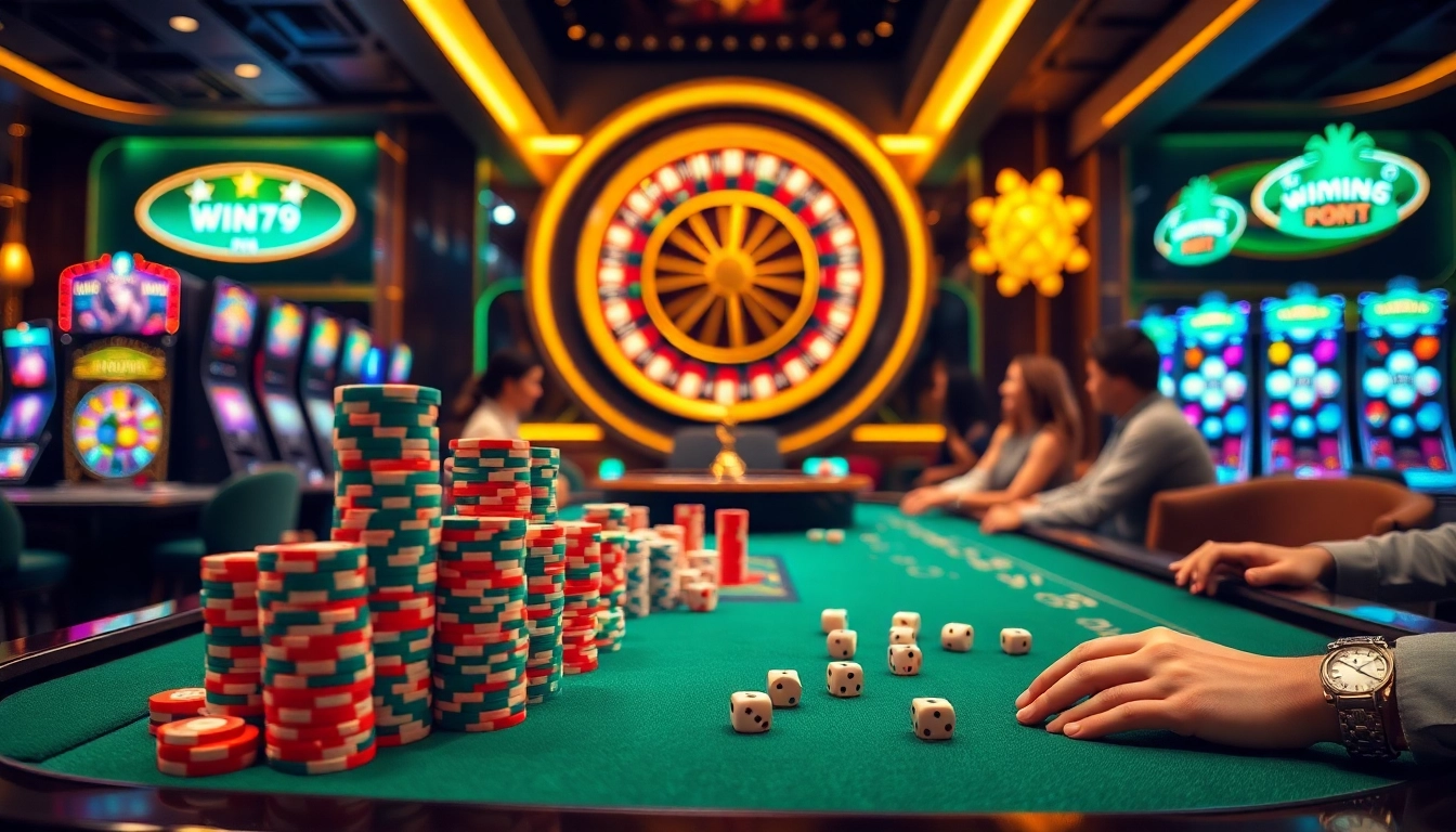 Win79 game table bustling with excitement and vibrant color, showcasing poker chips and a roulette wheel.