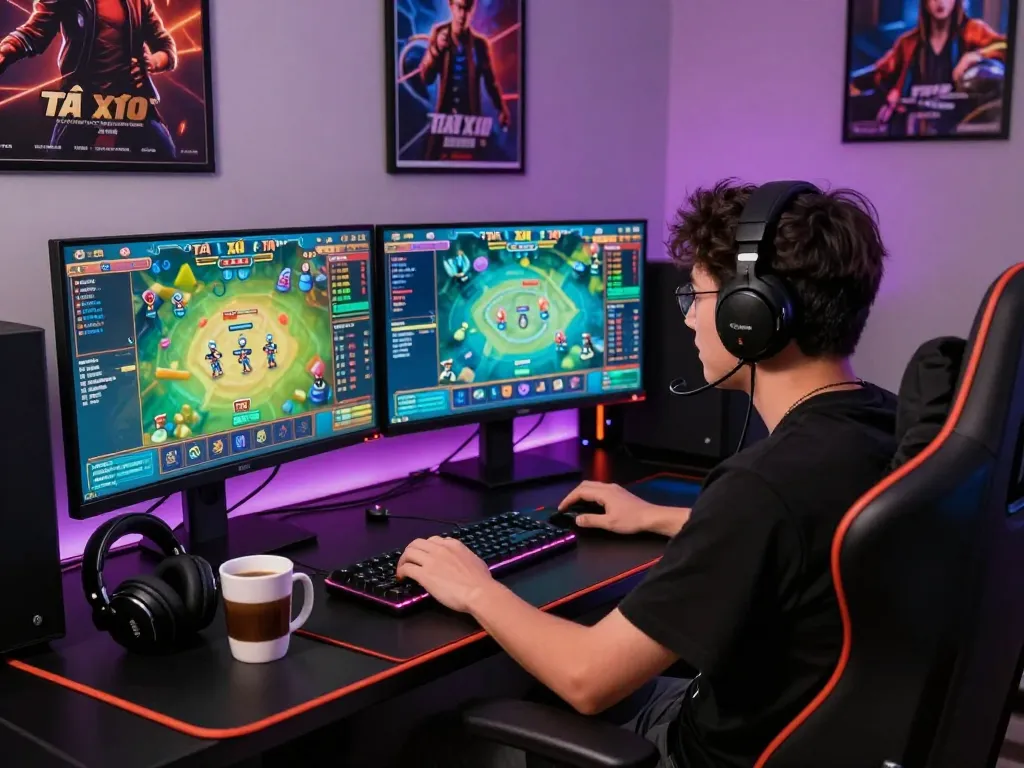 Engaging gaming environment featuring a player enjoying hitclub tải with vibrant screens and gaming gear.