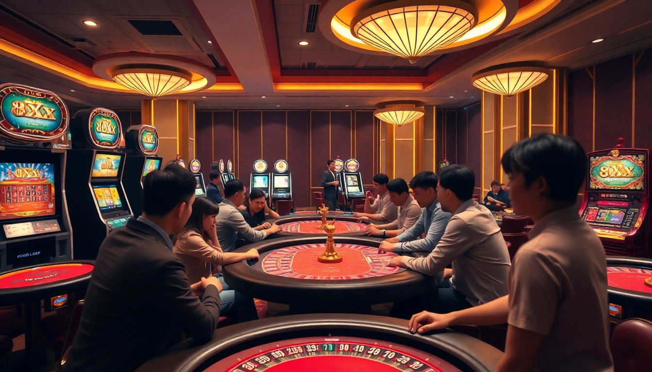 Excited players at nhà cái 8XX engage in high-stakes poker and vibrant slot games.