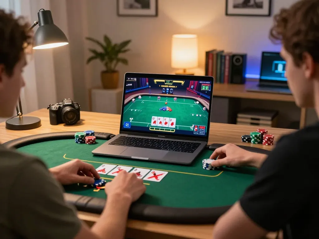 Player using laptop for vu88 online poker game, showcasing strategy and engagement in a cozy setup
