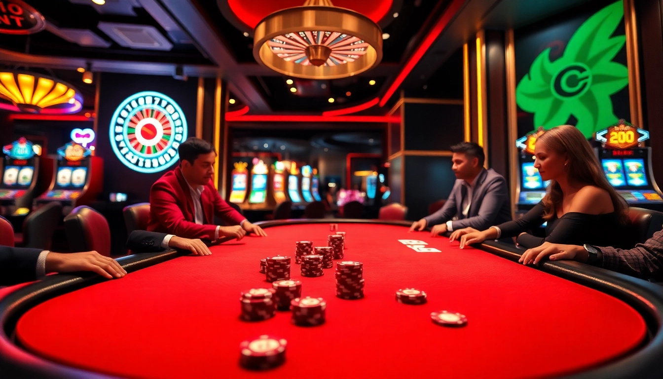Engaged players at a poker table in a luxurious casino setting representing https://thabet1.net/ with vibrant gambling elements.